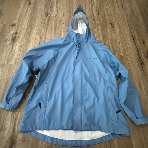 Grundens Jacket Womens XXL Blue Lined Logo T Snap PVC Fishing Hooded Raincoat - Picture 1 of 8